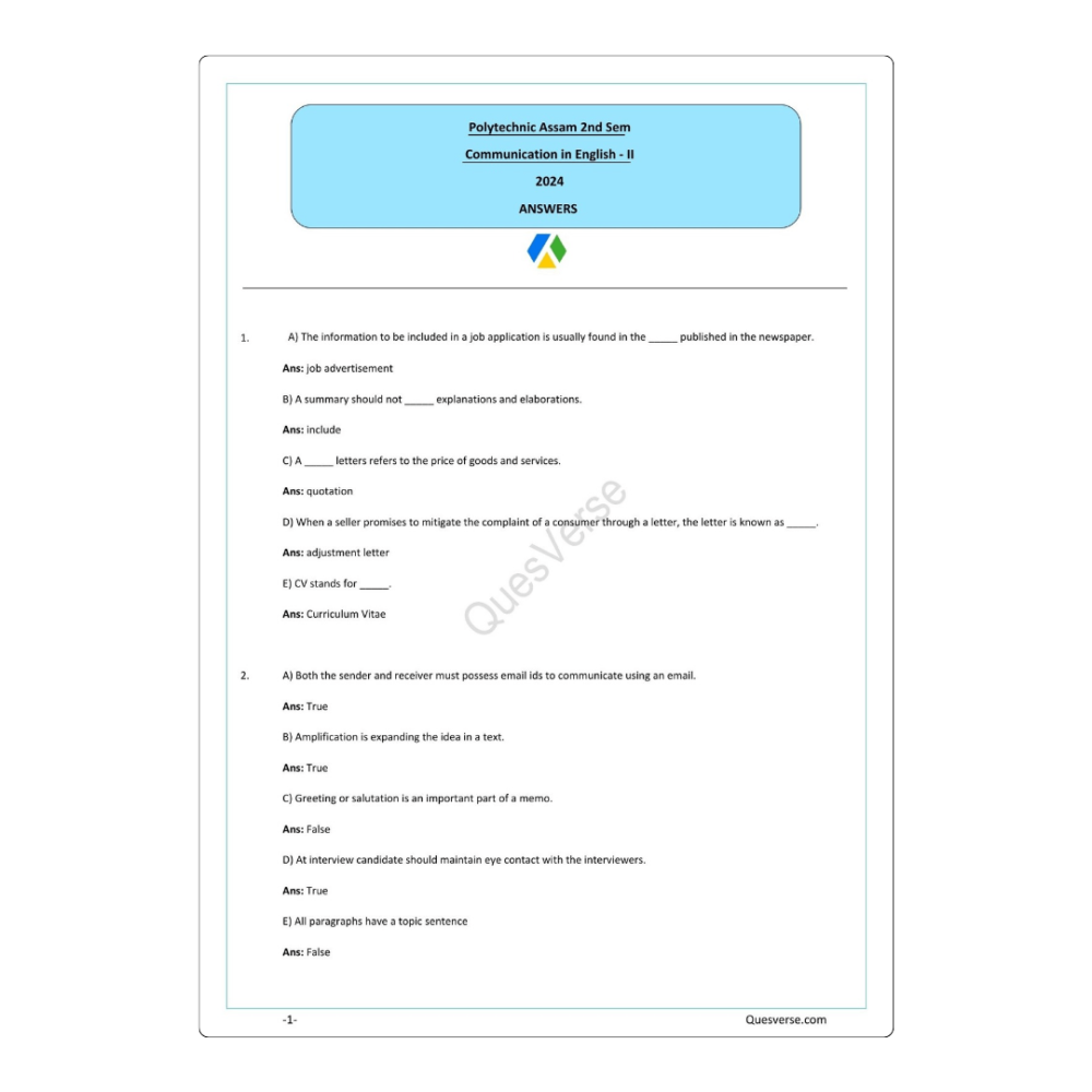 Communication in English-II | PYQ Solutions | 2nd Sem-Polytechnic Assam - Image 2