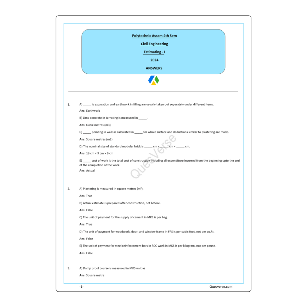 Estimating-I | Civil Engineering | PYQ Solutions | 4th Sem-Polytechnic Assam - Image 2