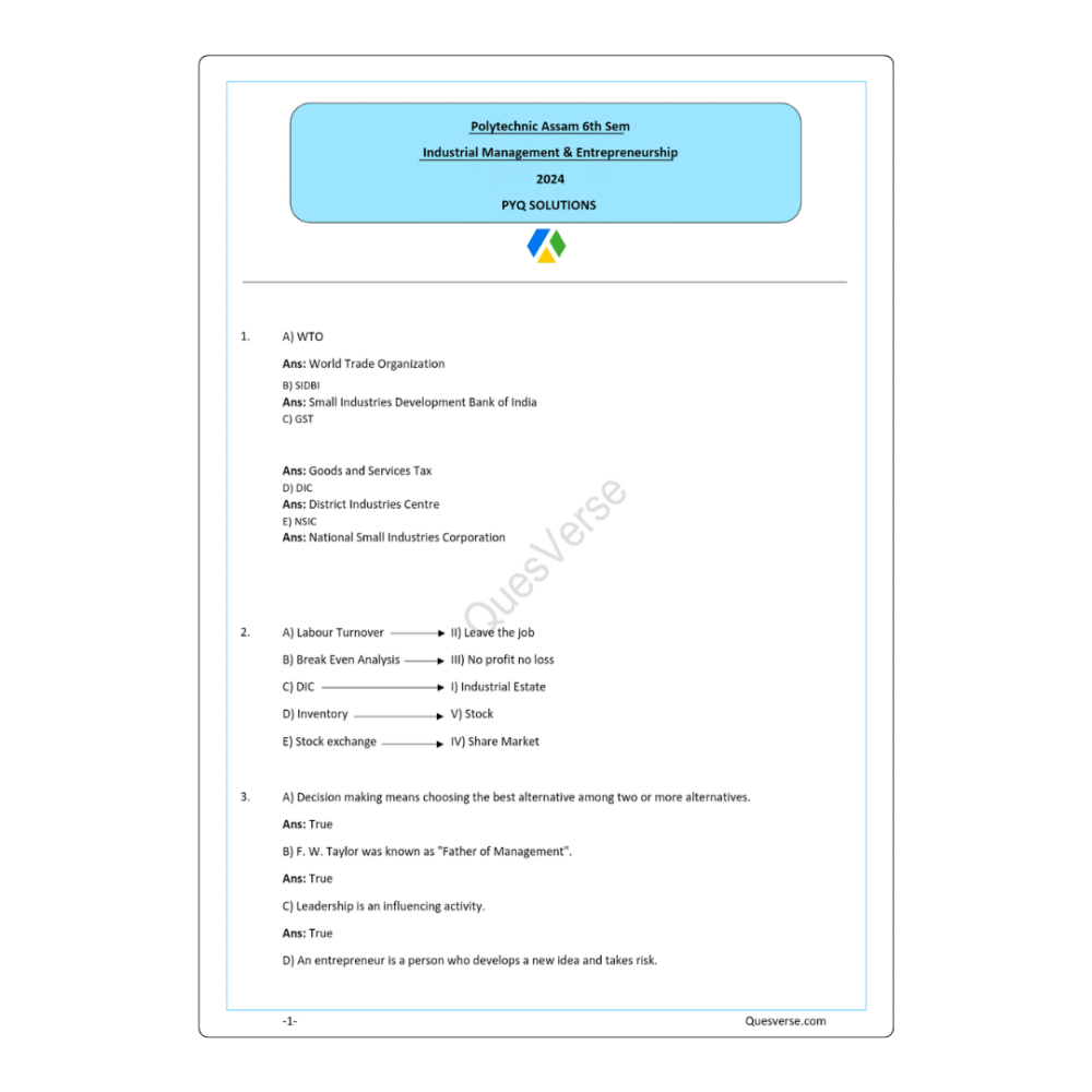 Industrial Management & Entrepreneurship | PYQ Solutions | 6th Sem Polytechnic Assam - Image 2