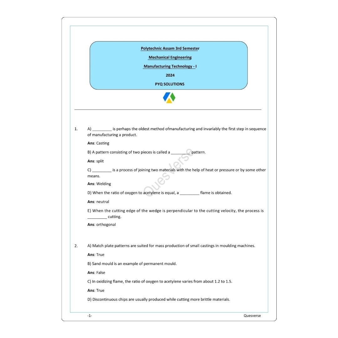 Manufacturing Technology-I | Mechanical Engineering | PYQ Solutions | 3rd Sem-Polytechnic Assam - Image 2