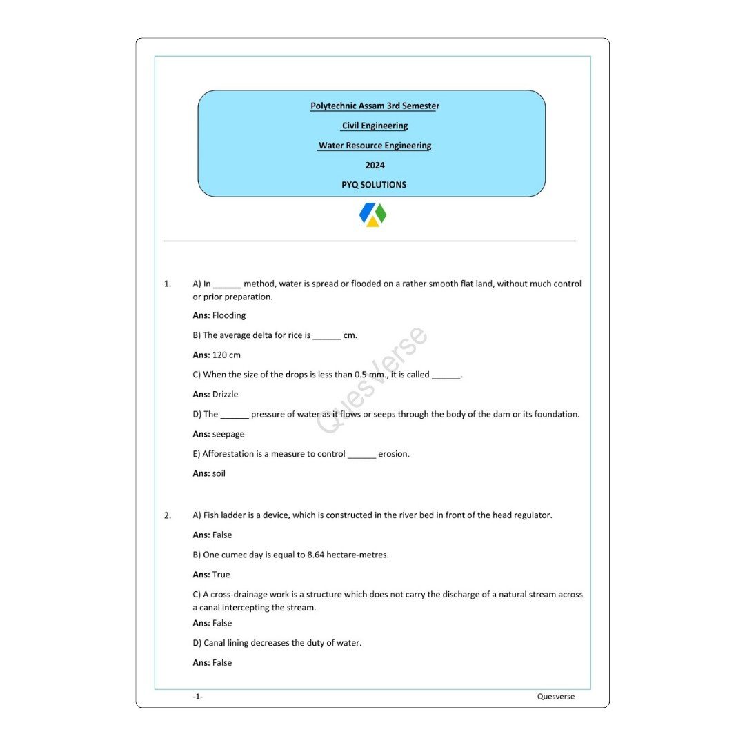 Water Resources Engineering | Civil Engineering | PYQ Solutions | 3rd Sem-Polytechnic Assam - Image 2