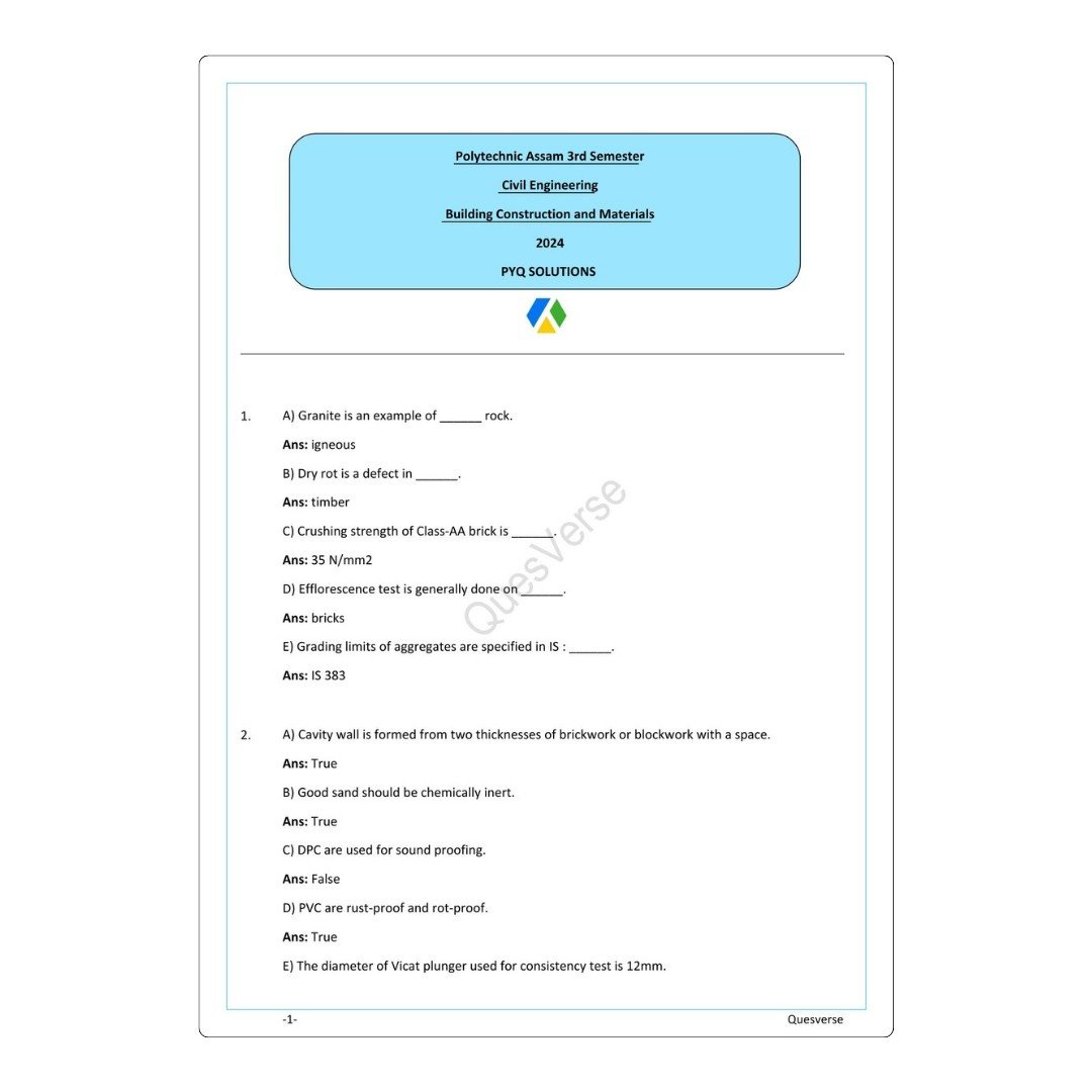 Building Material & Construction | Civil Engineering | PYQ Solutions | 3rd Sem-Polytechnic Assam - Image 2
