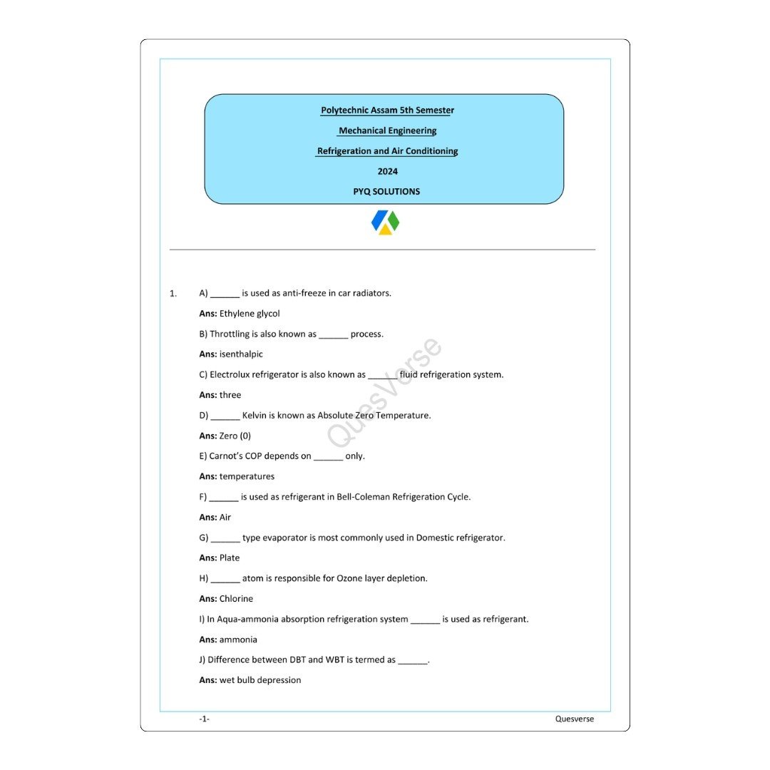 Refrigeration & Air Conditioning | Mechanical Engineering | PYQ Solutions | 5th Sem-Polytechnic Assam - Image 2